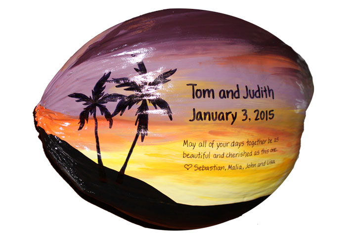 eco-friendly wedding gift with a handpainted coconut
